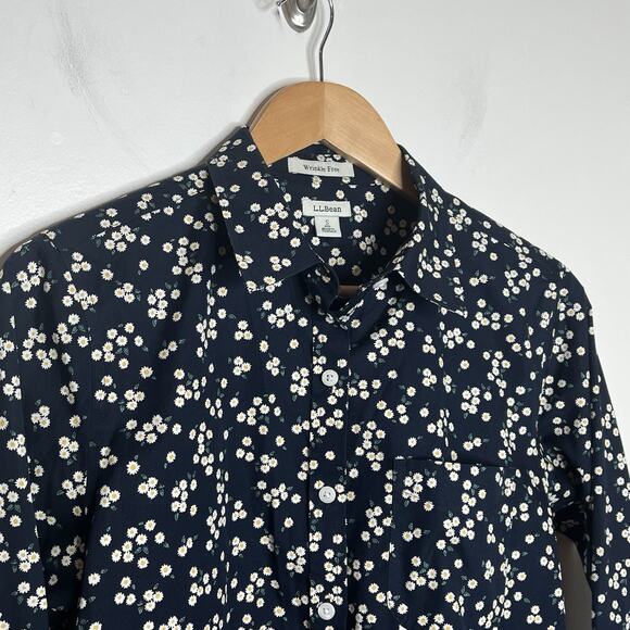 LL Bean Daisy Floral Print Button Up Shirt Black Womens Small Preppy Cottage - Picture 2 of 8